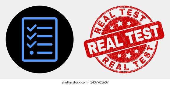 Rounded task list page icon and Real Test seal stamp. Red rounded scratched seal stamp with Real Test caption. Blue task list page symbol on black circle.