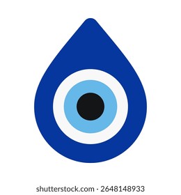 Rounded teardrop evil eye protection symbol. A droplet icon containing blue, white and black concentric circles. It protects against negativity and bad luck.