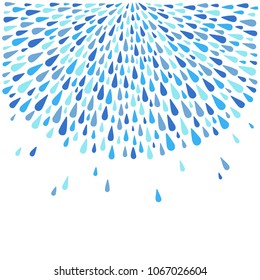 Rounded template, border made of uneven water drops, droplets, raindrops, tears of various size. Radial template with space for text, design element. Shades of blue abstract rainy square background.