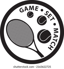 Rounded tennis logo with text - game, set, match.