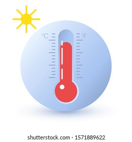 Rounded thermometer icon or temperature symbol. Hot weather