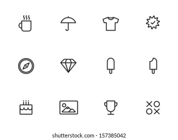 Rounded Thin Icon Set 01 - Cup, Umbrella, Tshirt, Medal, Compass, Diamond, Ice cream, Bite, Cake, Picture, Award, Game,