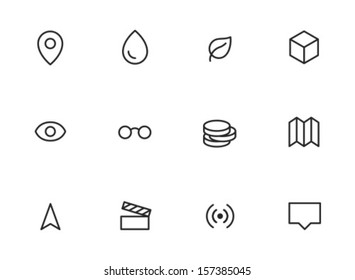 Rounded Thin Icon Set 01 - Geotag, Drop, Leaf, Box, View, Glasses, Coins, Map, GPS, Movie, Signal, Tool Tip