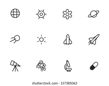 Rounded Thin Icon Set 01 - Earth, Gravity, Field, Planet, Satellite, Sun, Space Ship, Telescope, Astronaut, Microscope, Pill