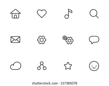 Rounded Thin Icon Set 01 - Home, Like, Music, Search, Mail, Settings, Message, Cloud, Network, Star, Smile