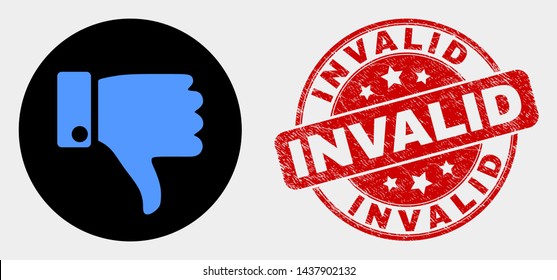 Rounded thumb down icon and Invalid seal stamp. Red round grunge seal stamp with Invalid caption. Blue thumb down icon on black circle. Vector composition for thumb down in flat style.