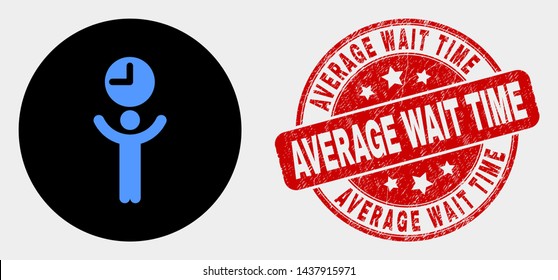 Rounded time manager pictogram and Average Wait Time seal. Red rounded distress seal stamp with Average Wait Time text. Blue time manager symbol on black circle.