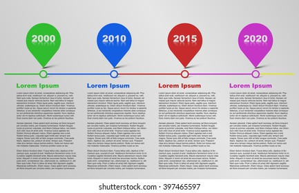 Rounded timeline infographics with years and place for text on gray background.
