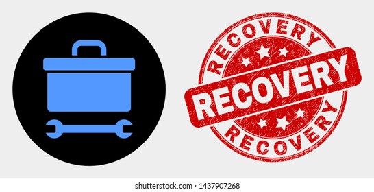 Rounded toolbox wrench icon and Recovery seal. Red rounded grunge seal with Recovery caption. Blue toolbox wrench icon on black circle. Vector composition for toolbox wrench in flat style.