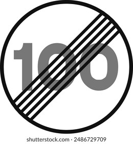Señal de tráfico redondeada en blanco y negro, aislado sobre fondo blanco. Fin de la limitación de velocidad a cien