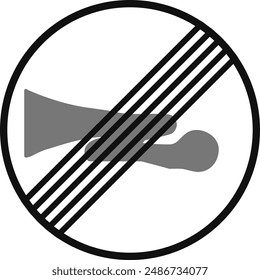 Rounded traffic signal in black and white, isolated on white background. End of horns prohibition
