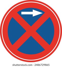 Abgerundete Ampel in Blau und Rot, isoliert auf weißem Hintergrund. Halten und Parken rechts verboten