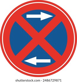 Rounded traffic signal in blue and red, isolated on white background. Stopping and parking prohibited on both sides