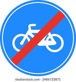 Rounded traffic signal in blue, red and white, isolated on white background. End of compulsory road for cycles