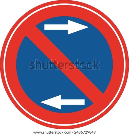 Rounded traffic signal in blue and red, isolated on white background. Parking prohibited on both sides