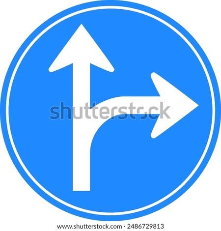 Rounded traffic signal in blue and white, isolated on white background. Compulsory ahead or turn right