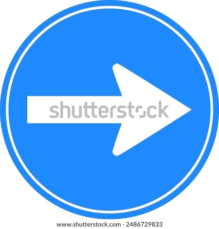 Rounded traffic signal in blue and white, isolated on white background. Compulsory turn right