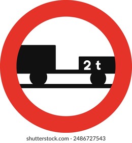 Rounded traffic signal in white and red, isolated on white background. Entry prohibited for motor vehicles with trailer