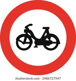 Rounded traffic signal in white and red, isolated on white background. Entry prohibited for mopeds