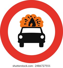 Señal de tráfico redondeada en blanco y rojo, aislado sobre fondo blanco. Prohibida la entrada de vehículos que transporten mercancías explosivas o inflamables