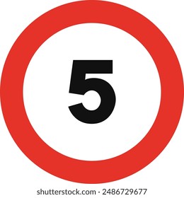 Rounded traffic signal in white and red, isolated on white background. Speed limit of five