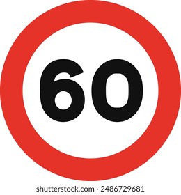 Señal de tráfico redondeada en blanco y rojo, aislado sobre fondo blanco. Límite de velocidad de sesenta