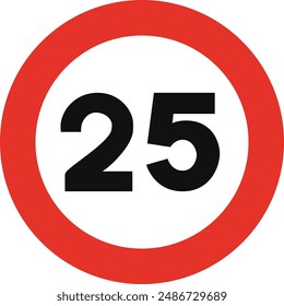 Rounded traffic signal in white and red, isolated on white background. Speed limit of twenty five
