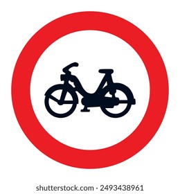 Rounded traffic signal in white and red, isolated on white background. Entry prohibited for mopeds