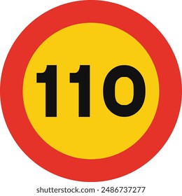 Rounded traffic signal in yellow and red, isolated on white background. Temporary speed limit of one hundred and ten