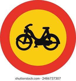 Rounded traffic signal in yellow and red, isolated on white background. Temporary entry prohibited for mopeds