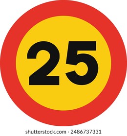 Rounded traffic signal in yellow and red, isolated on white background. Temporary speed limit of twenty five