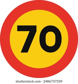 Rounded traffic signal in yellow and red, isolated on white background. Temporary speed limit of seventy