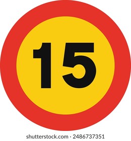 Rounded traffic signal in yellow and red, isolated on white background. Temporary speed limit of fifteen