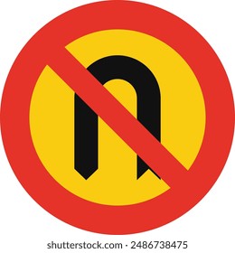 Señal de tráfico redondeada en amarillo y rojo, aislado sobre fondo blanco. Turno en U temporal prohibido