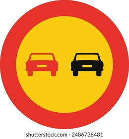 Rounded traffic signal in yellow and red, isolated on white background. Temporary overtaking prohibited