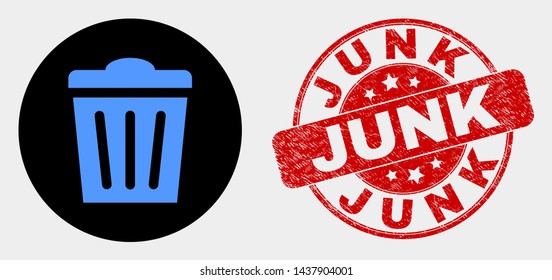 Rounded trashcan icon and Junk seal stamp. Red rounded scratched seal stamp with Junk text. Blue trashcan symbol on black circle. Vector composition for trashcan in flat style.