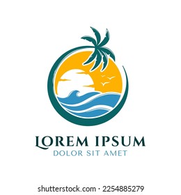 rounded tree palm beach sunset logo design template