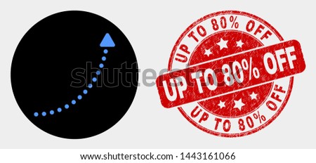 Rounded up trend arrow icon and Up to 80% Off seal stamp. Red rounded scratched seal with Up to 80% Off text. Blue up trend arrow icon on black circle. Vector combination in flat style.
