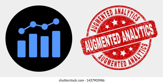 Rounded trend chart icon and Augmented Analytics seal. Red rounded distress seal with Augmented Analytics caption. Blue trend chart icon on black circle.