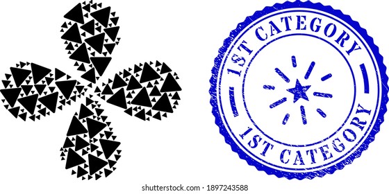 Rounded triangle curl flower cluster, and blue round 1ST CATEGORY corroded stamp print with icon inside. Element cycle created from oriented rounded triangle symbols.