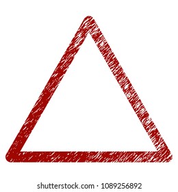 Rounded triangle frame distress textured template. Vector draft element with grainy design and dirty texture in red color. Designed for overlay watermarks and rubber seal imitations.