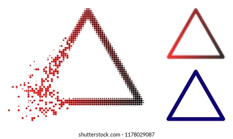 Rounded triangle frame icon in dissolved, pixelated halftone and undamaged solid versions. Particles are arranged into vector dissolving rounded triangle frame icon.