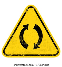 Rounded triangle shape hazard warning sign with arrow symbol. Vector illustration. Grungy, worn style