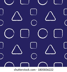 Rounded Triangle, Square and Ellipse Outline Shape Ornament. Abstract Seamless Pattern Design Template. Brush Vector Illustration. Blue and White Color Theme.