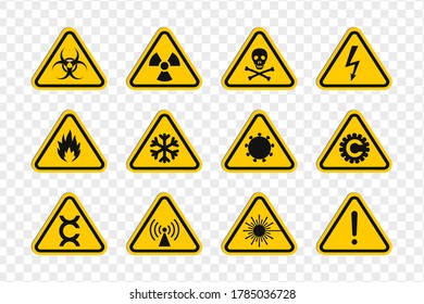 Rounded triangular signs of a hazard warnings. Triangular signs with varied danger symbols