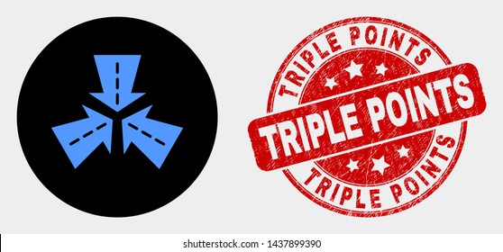 Rounded triple roads intersection icon and Triple Points seal. Red rounded scratched seal stamp with Triple Points text. Blue triple roads intersection icon on black circle.