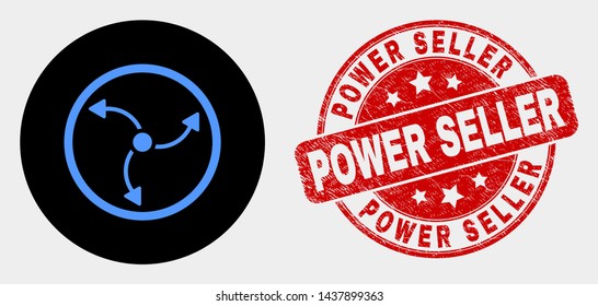 Rounded turbine rotation icon and Power Seller seal stamp. Red rounded grunge seal stamp with Power Seller text. Blue turbine rotation icon on black circle.