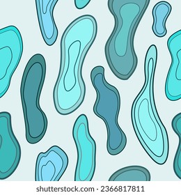 Rund türkisfarbene, längliche Flecken auf weißem Hintergrund, Vektorgrafik nahtlos. Abstrakter Hintergrund mit verschiedenen Löffeln. Unregelmäßige Formen. Minimalistischer Druck mit geometrischen Kurvenflecken.
