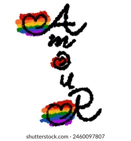 Rounded typography decorated with hearts.  Word 'AMOUR'. Pride flag.
