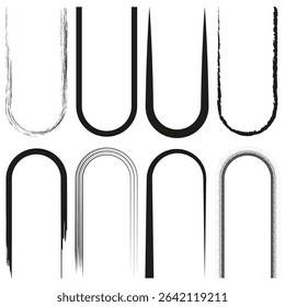 Rounded U pattern. Vertical vector form. Black white symmetry. Abstract stripe layout.